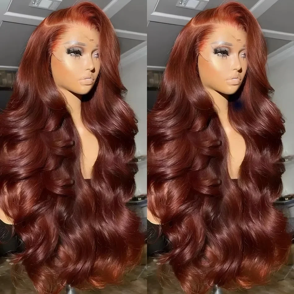 30 32 inci coklat kemerahan Brasil 13x4 13x6 HD Wig depan renda rambut manusia gelombang tubuh 250% warna renda Wig Frontal untuk wanita