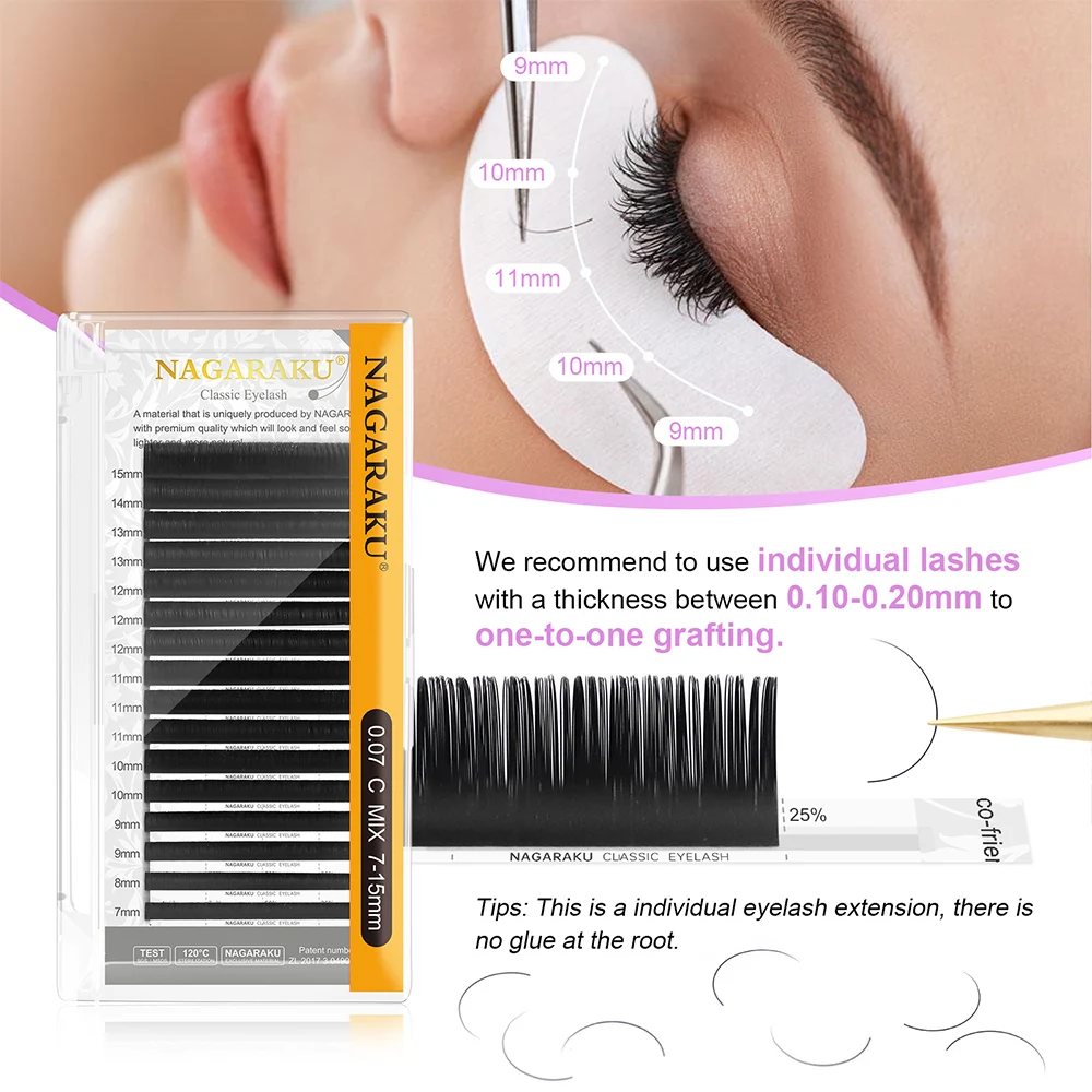 NAGARAKU Classic 16 Reihen/Box 7~25mm Mix Premium Natürliche Synthetische Nerz Einzelwimpernverlängerung Zubehör Make-up Cilios – Detail 3