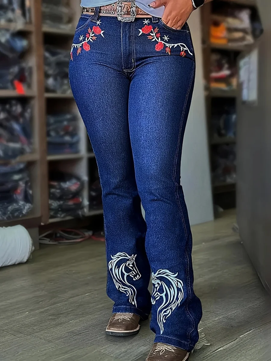 【HME】Jeans | Ranch‑Inspired Western Denim Pants, Ladies Slim Bootcut Denim Featuring Vivid Rose And Horse Head Embroidery, Comfort Stretch Dark‑Blue Denim Pants For Daily And Riding Looks