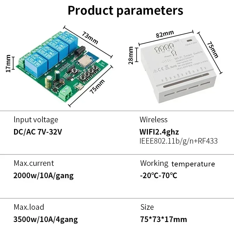 Tuya Wifi RF 4 Channel Module 85-265V Garage Door Gate Sensor Curtain Water Heater Motor Relay TV Light Table Lamp Smart Switch