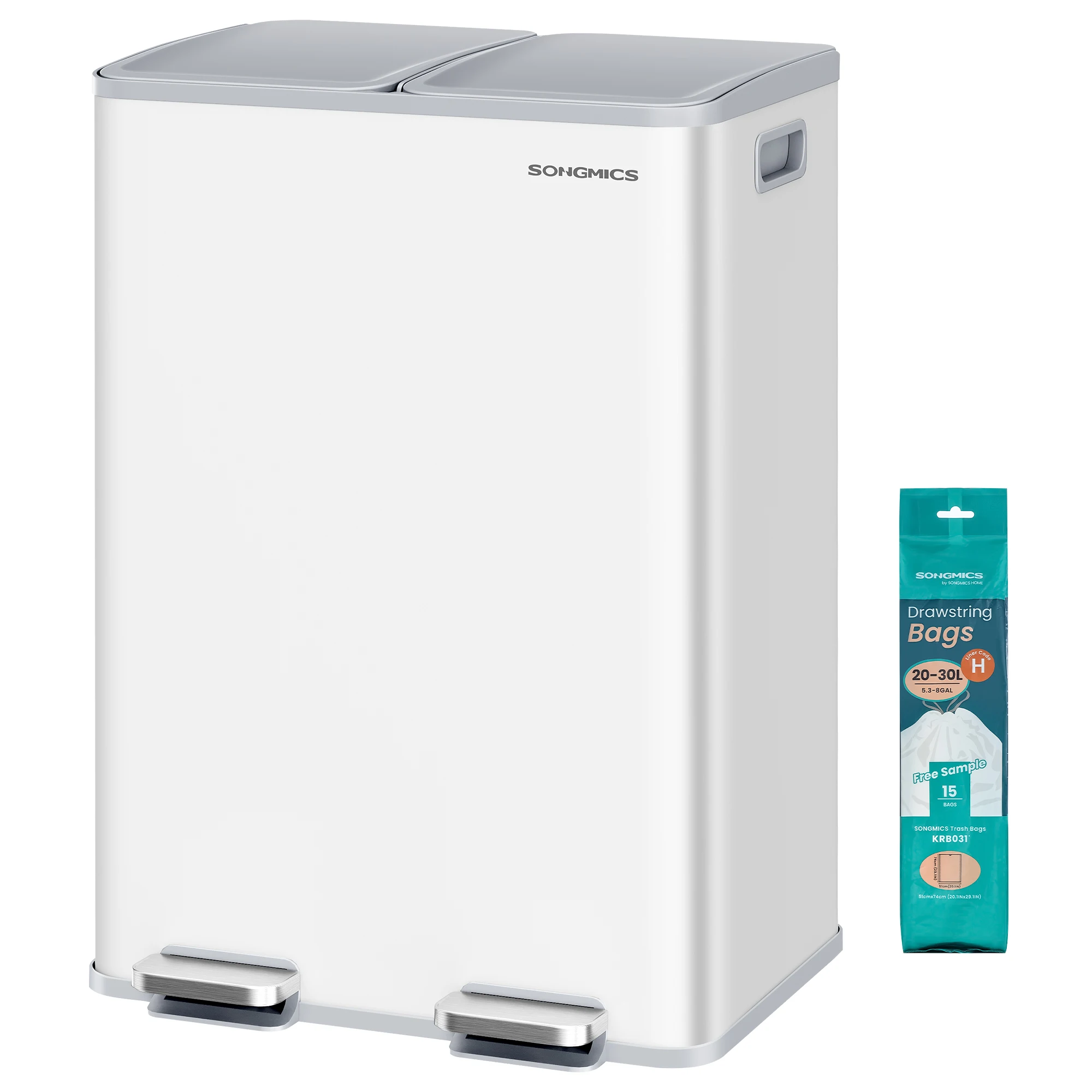 SONGMICS Mülleimer Küche, 2 x 30 Liter, 2 Fächer, Abfalleimer, Tretmülleimer, Softclose-Deckel, Stahl