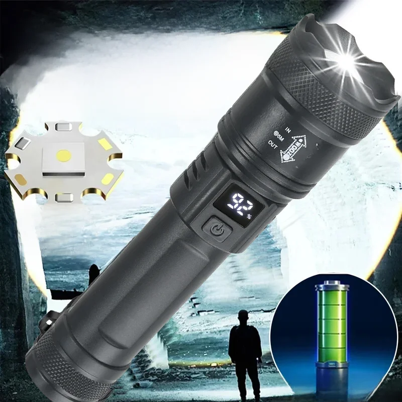 Lampes de poche LED haute puissance pour le bain, lampe torche avec lumière d'affichage, charge USB, camping, pêche, lanterne n'aime d'urgence, 2000lm