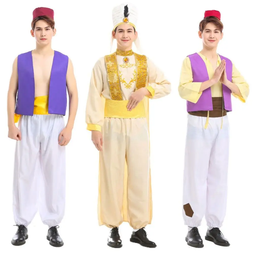 علاء الدين زي الرجال الأمير العربي تأثيري الملابس للكبار أعلى السراويل قبعة ملابس هالوين كرنفال مرحلة الأداء البدلة