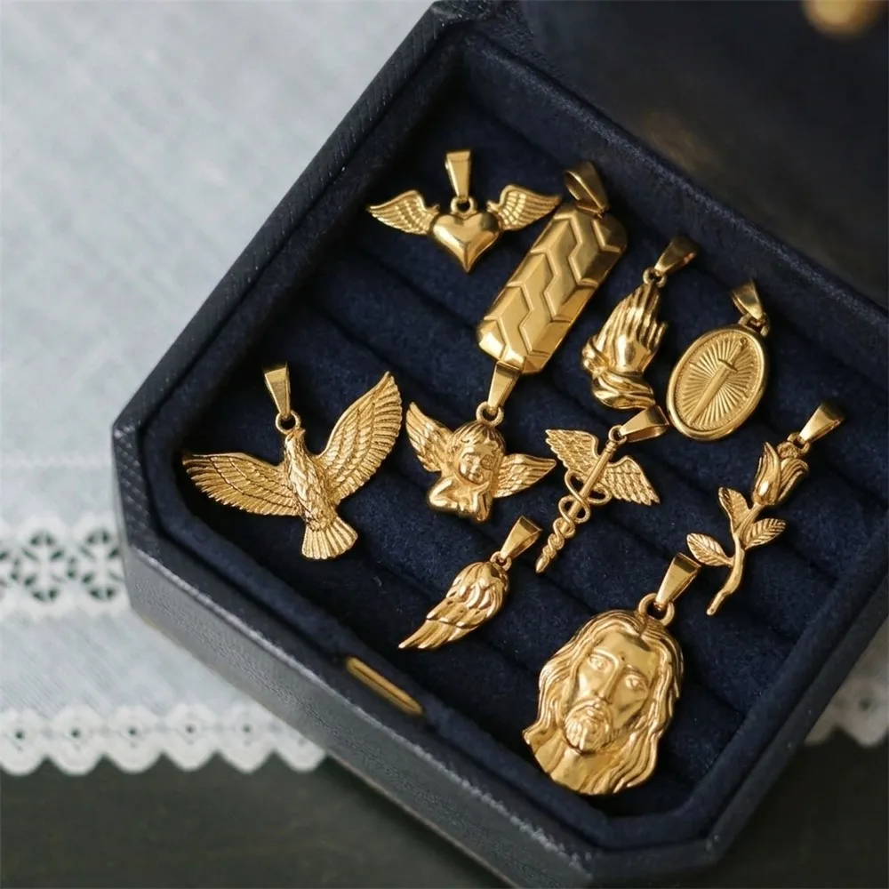 18K Gold Color Stainless Steel Pendant Necklace for Men, Jesus Angel Wing Eagle Religious Charm Hip Hop Statement Jewelry Gift