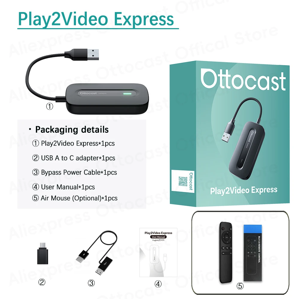 OTTOCAST Wireless CarPlay Android Auto Adapter Play2Video Express
