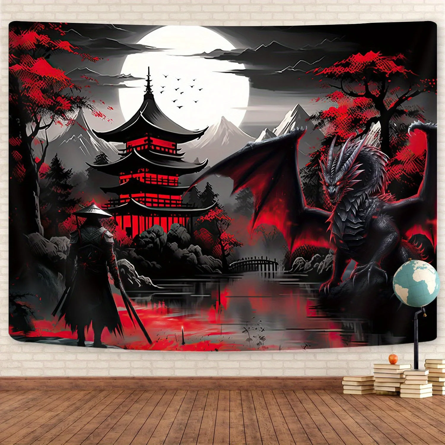 Japanese Anime Samurai & Dragon Tapestry, Red & Black Medieval Fantasy Wall Hanging, Sunset Mountain Landscape Tapestry
