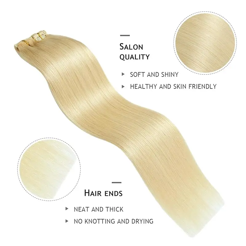 Remy Straight Clip Em Extensões De Cabelo, Cabelo Humano Real, Bleach Blonde, Premium Cabelo Grosso, #613, 8Pcs