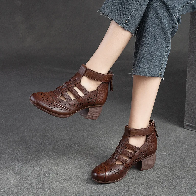 2024 Summer Ankle Boots Genuine Leather Shoes Cowhide Women Med High Heel Side Zipper Boots Hollowed-out Breathable Mujer Zapato