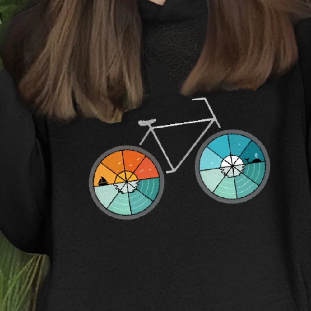 

Bicycle Wheel Hoodie Artistic Bike Print Fall Winter Casual Loose Long Sleeved Relaxing Cool Unique Outdoor Cloth Choice Tops