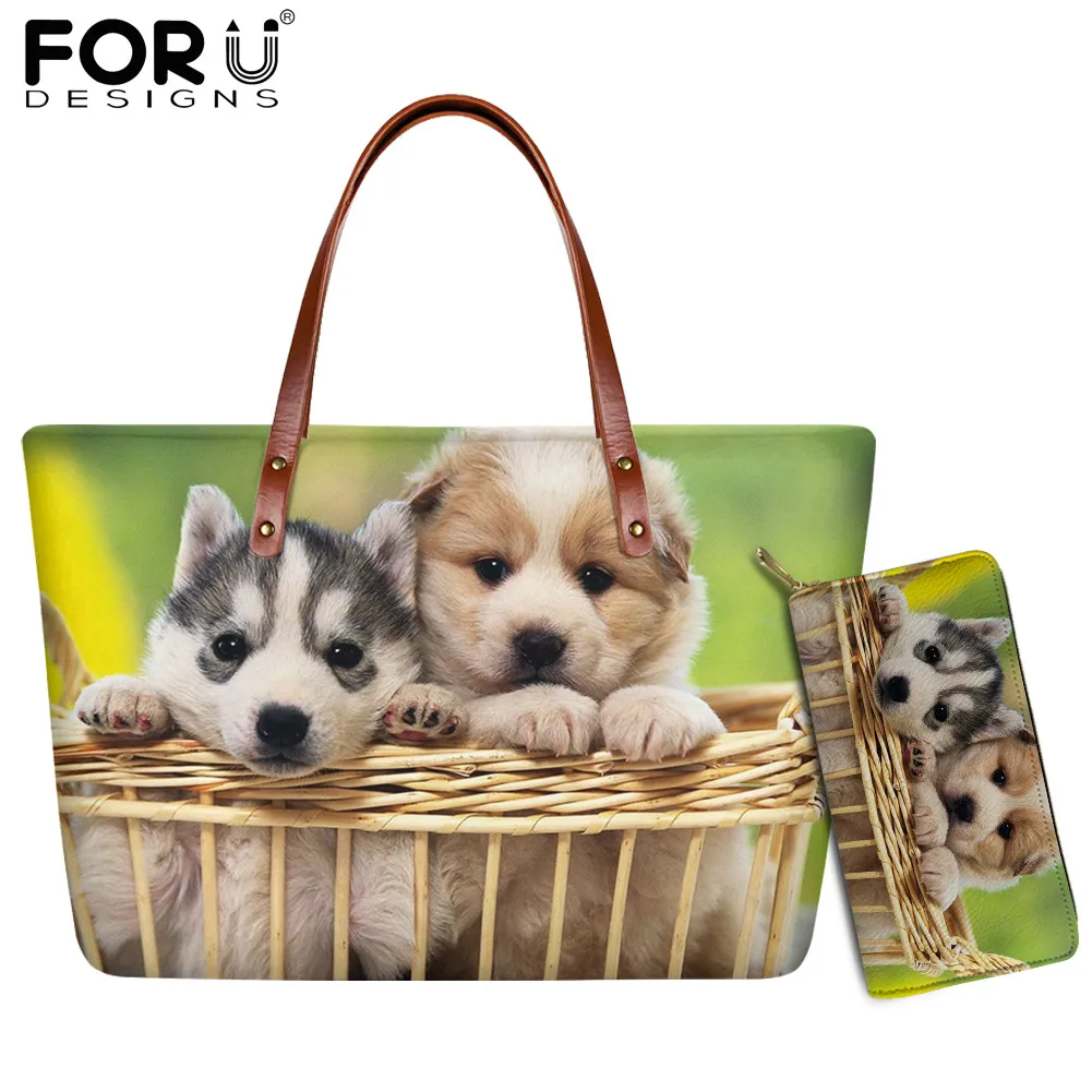 

FORUDESIGNS Cute Dog and Cat Pattern Women Cartoon Handbags Set Popular Classic Casual Lightweight Tote Bag Wallet for Teen Girl