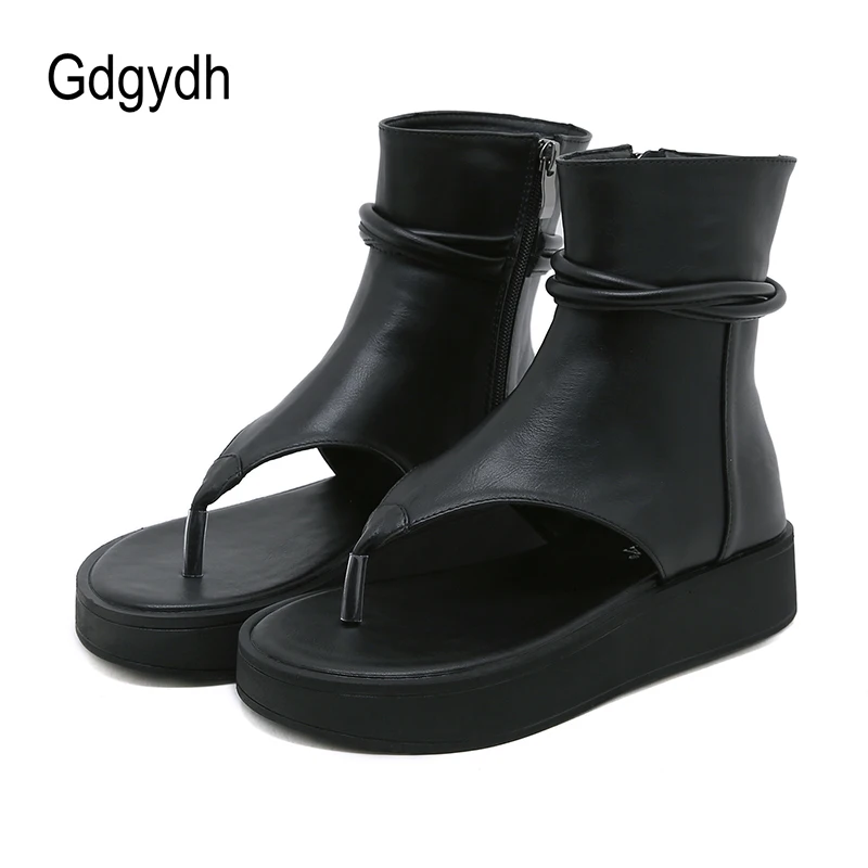 Gdgydh Women\'s Flip Flops Platform Sandals Side Zipper Ankle Wrap High Top Summer Footwear Boots Faux Leather Open Toe