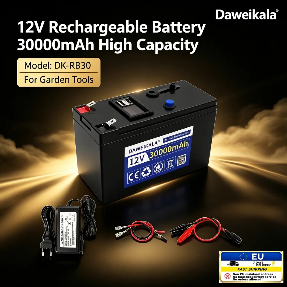Daweikala 12V 30000mAh Lithium-Akku-Pack DK-BP30, EU-Lager 7-Tage-Schnellversand, wiederaufladbarer tragbarer Stromakku für Haushaltsgeräte, Outdoor-Arbeiten, Solarstrom, Notstrom-Backup-Komplettset