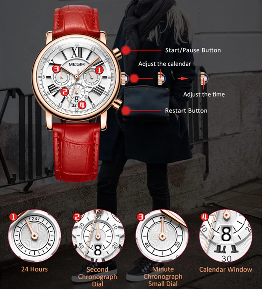 MEGIR-Reloj deportivo de lujo para Mujer, pulsera de cuarzo con correa de cuero, 2058