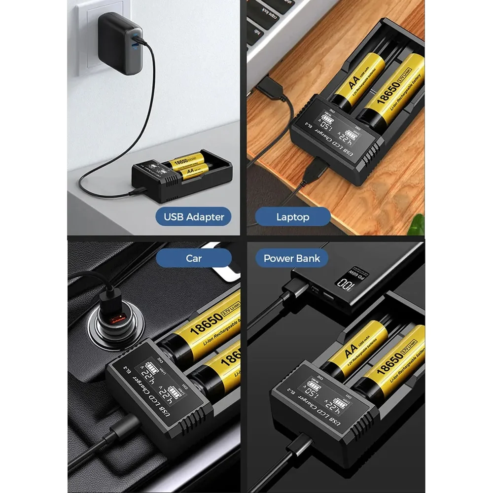 เครื่องชาร์จแบตเตอรี่อัจฉริยะแบบ USB LCD สำหรับแบตเตอรี่ลิเธียมแบบชาร์จได้ 18650 3.7V และแบตเตอรี่ NI-MH AA / AAA 1.2V แบบ 1/2 ช่อง