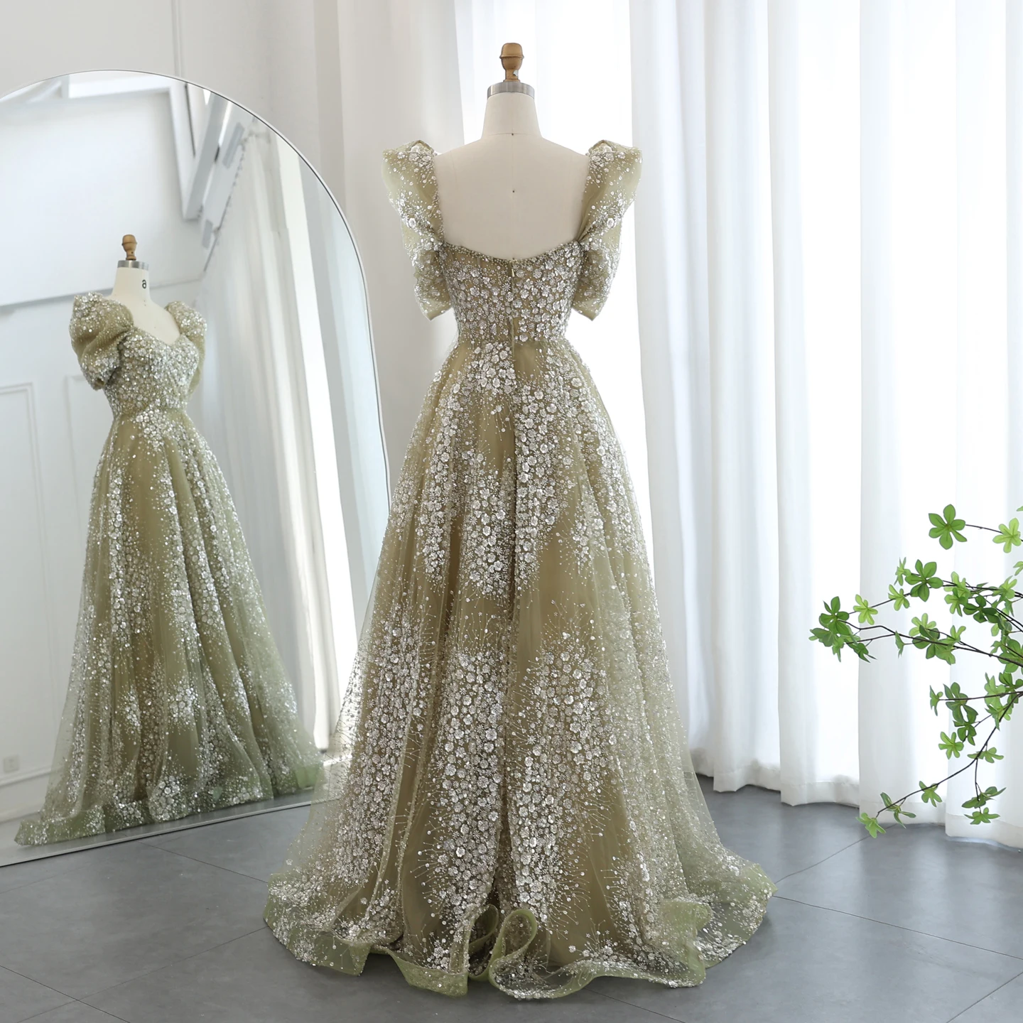 Sharon Said Glitzerndes Limonengrünes Luxus-Abendkleid aus Dubai für Arabische Hochzeiten, Verlobungen und Formelle Anlässe, Modell SS155, Maßanfertigung – Detail 19