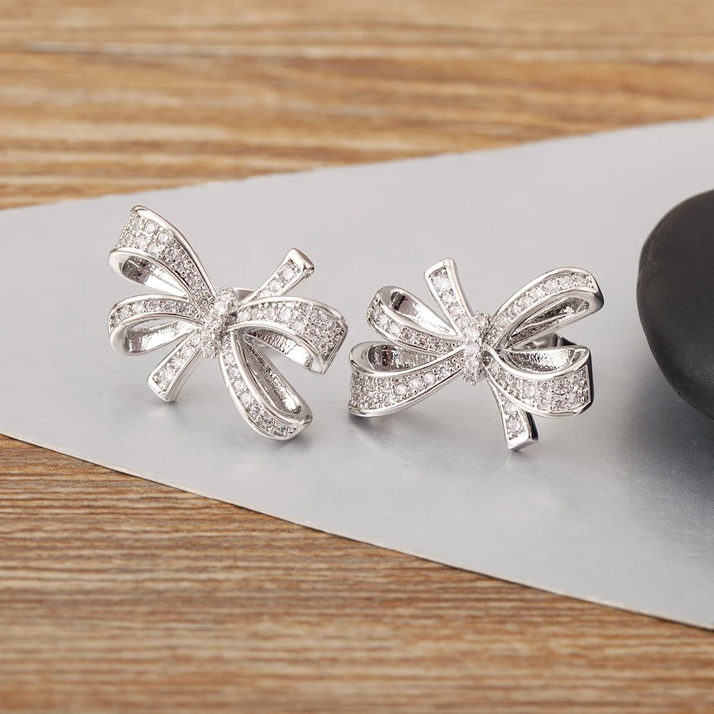 Nidin New Trendy Bow Shape Pave Shiny Crystal Zircon Stud Earrings For Women Girl Luxury Ear Jewelry Wholesale Accessories Gifts