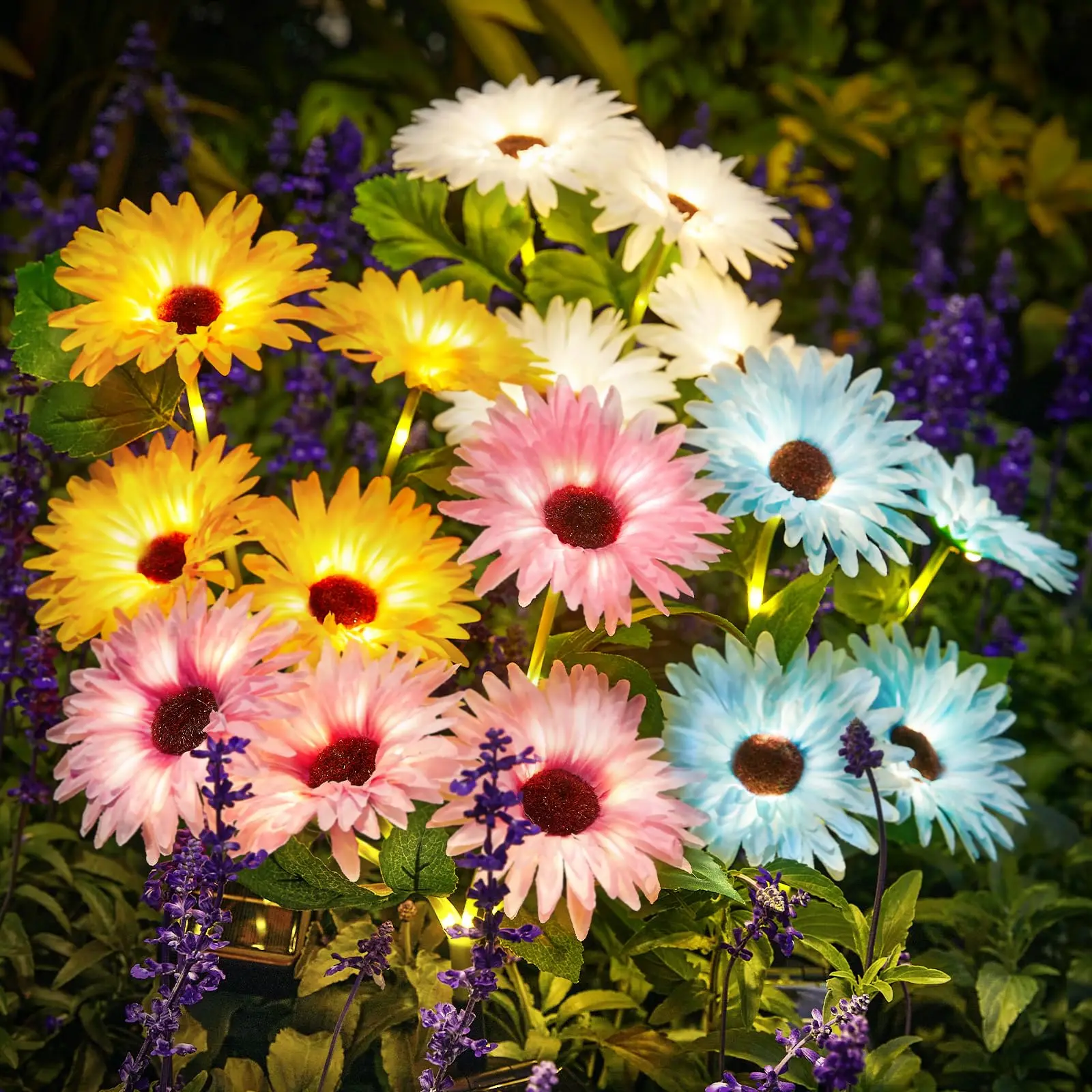 Solar Outdoor Garden Lights, 16 Glowing Daisy Flowers Solar Lights, Waterproof Solar Flower Lights for Yard Patio Pathway Decor