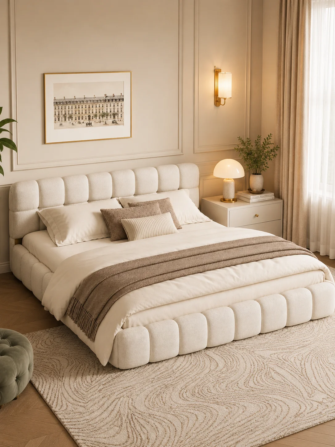 Polsterbett Doppelbett 140 x 200 cm, Kissenbett mit Lattenrost, gestepptes 2-Personen-Bett mit Kopfteil, Bettgestell für Schlafzimmer und Gästezimmer, Matratze nicht enthalten, Bettwäsche, Beige