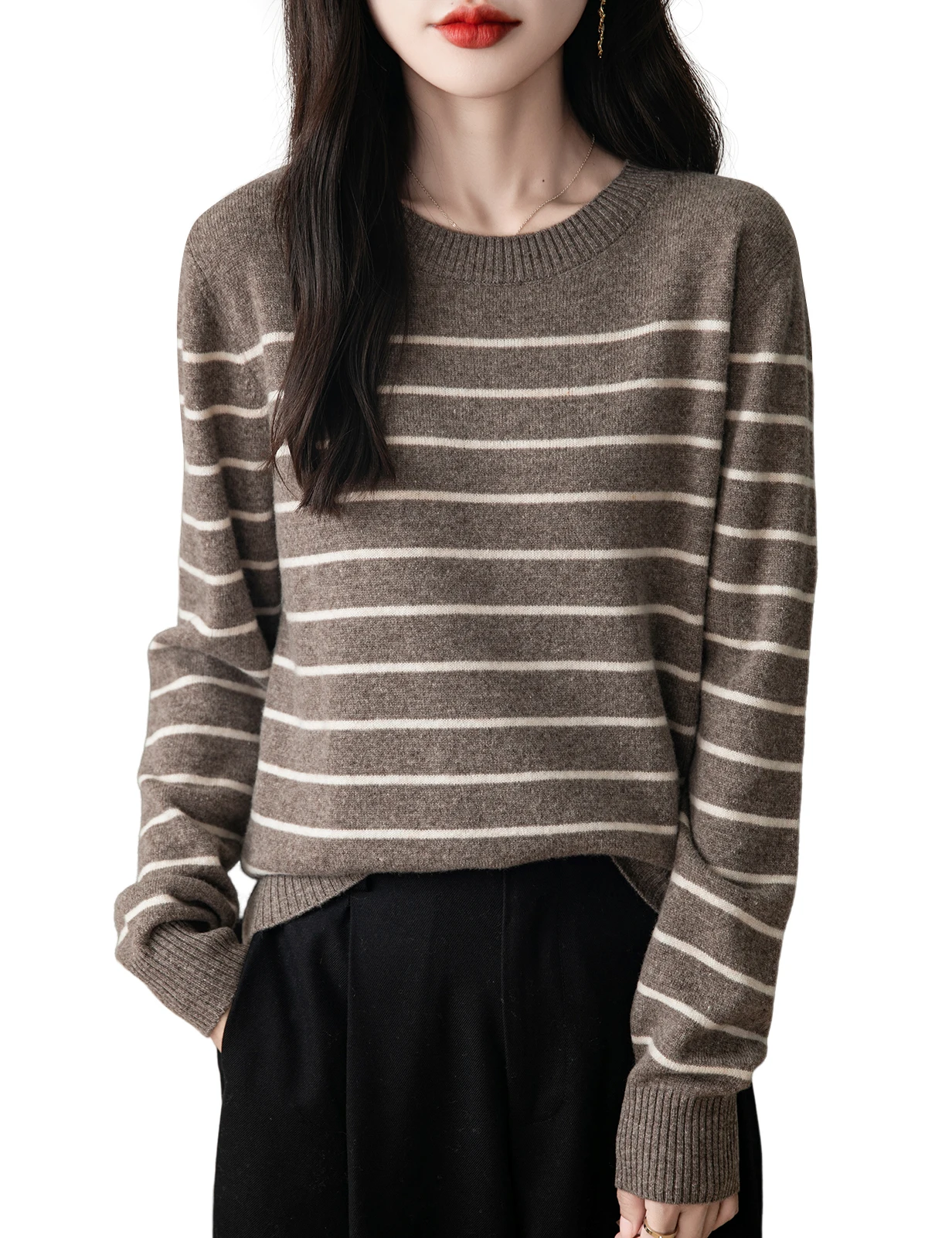 Suéter de lana merina de 100% talla europea para mujer, jersey de cuello alto para otoño e invierno, Tops suaves y cálidos, suéteres de punto a rayas de manga larga 2024