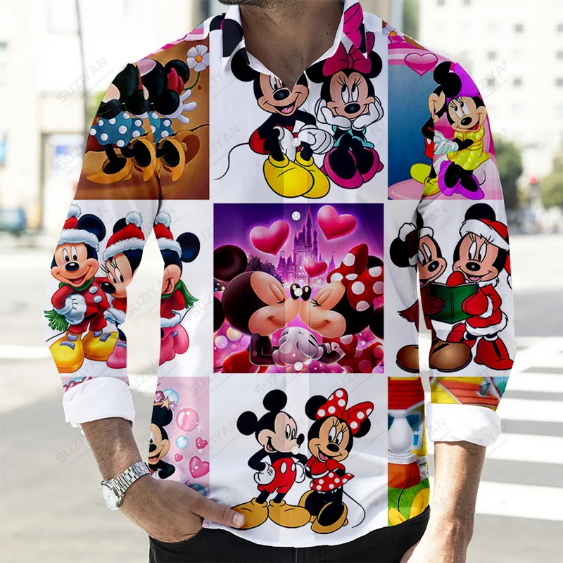 2022 Fall Newest Cartoon Casual Button Long Sleeve Shirt Disney Donald Duck and Mickey 3D Full Print Fashion Men\'s Lapel Top