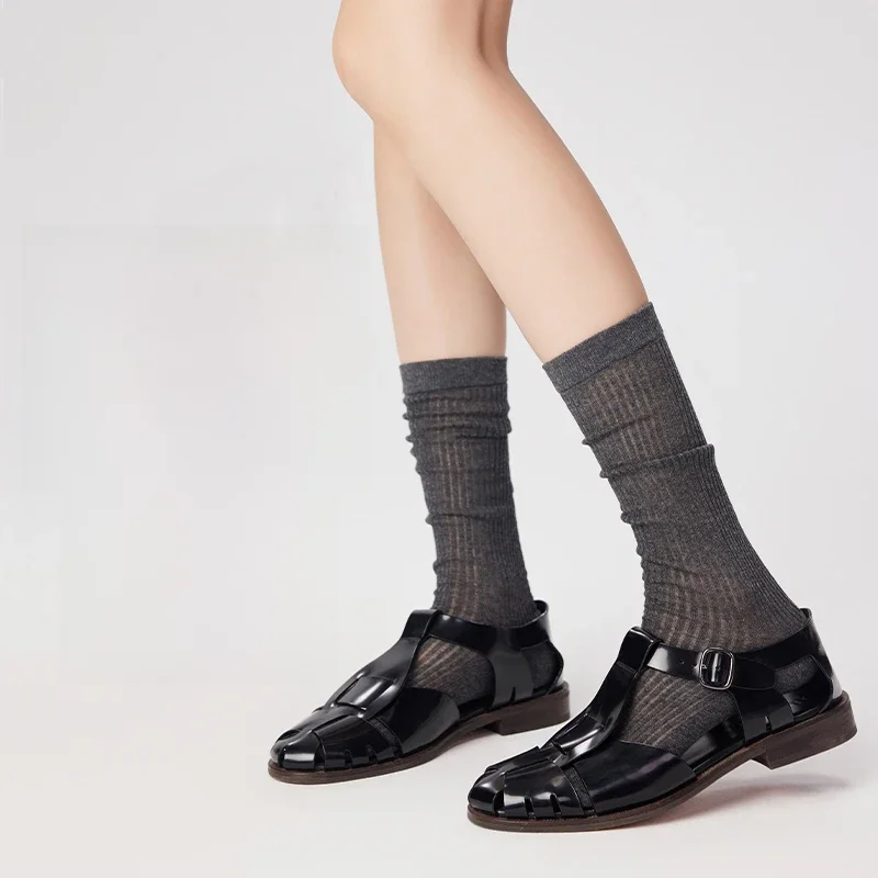 Damen-Wadensocken, Sommer, hohles Netz, atmungsaktiv, Ballett-Stil, Schwarz und Weiß, Grau, dünner Stil, weich, schlankmachend, süße Mid-Tube-Socken