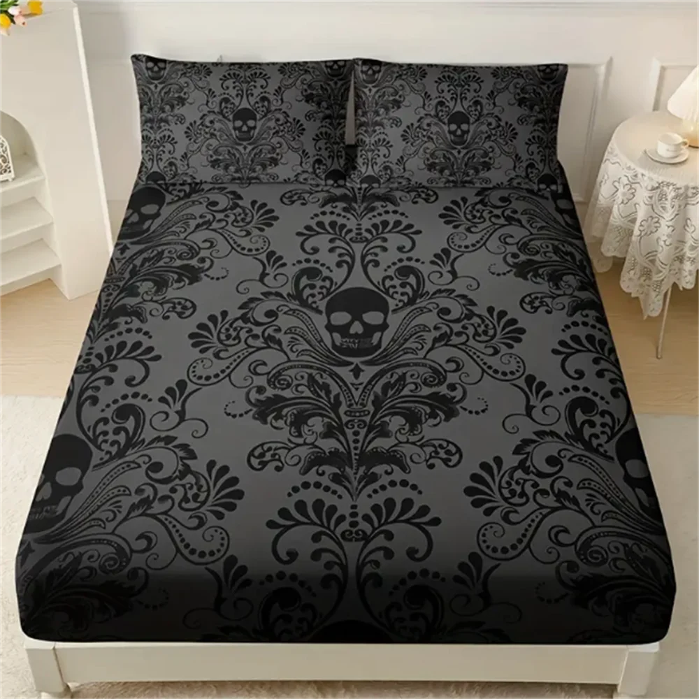 Skull Floral Design 3-Piece Bed Sheet Set - 100% Polyester, Digital Print, Breathable All-Season Fitted Sheet and Pillowcase Set