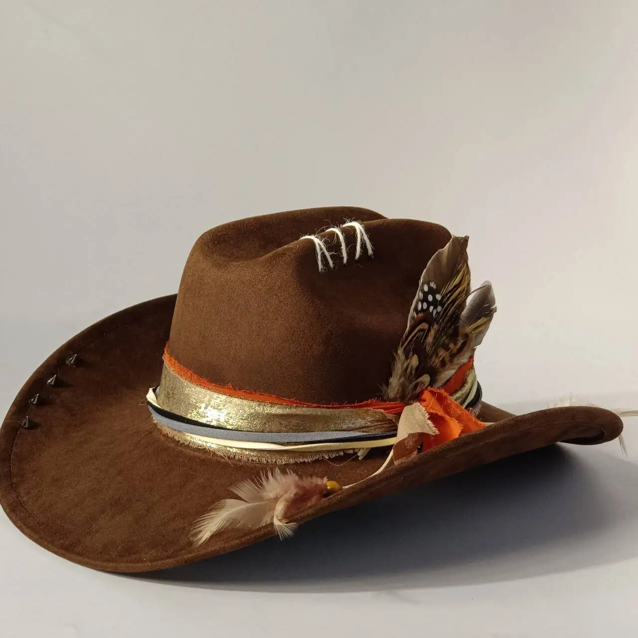 

Suede denim hat men's distressed hat studded decoration women's handmade sewn hat vintage fashion punk style, equestrian par