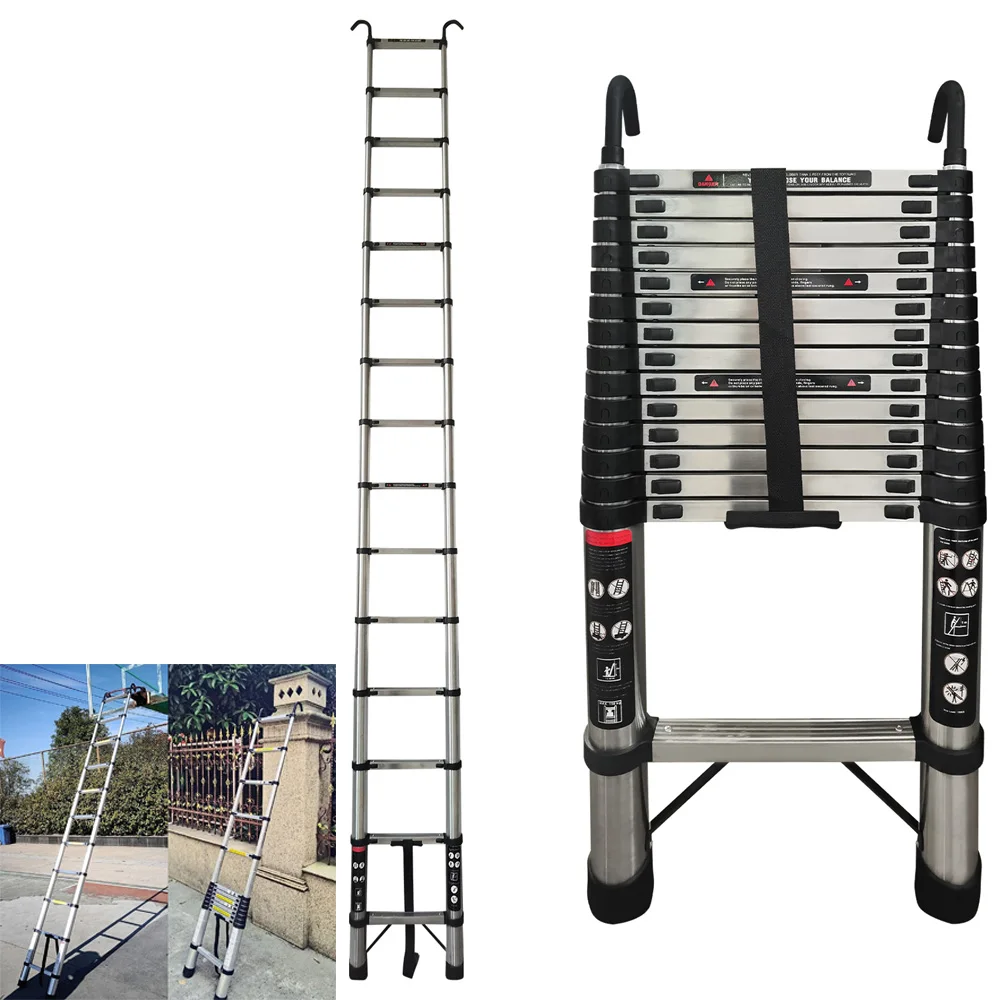 4.4M Stainless Steel Ladder with Hooks, 14.4FT Telescope Ladder with Safety Lock, Anti-slip Thickened Stainless Steel, 330lbs load, Portable Folding Ladders for Home and Construction Use