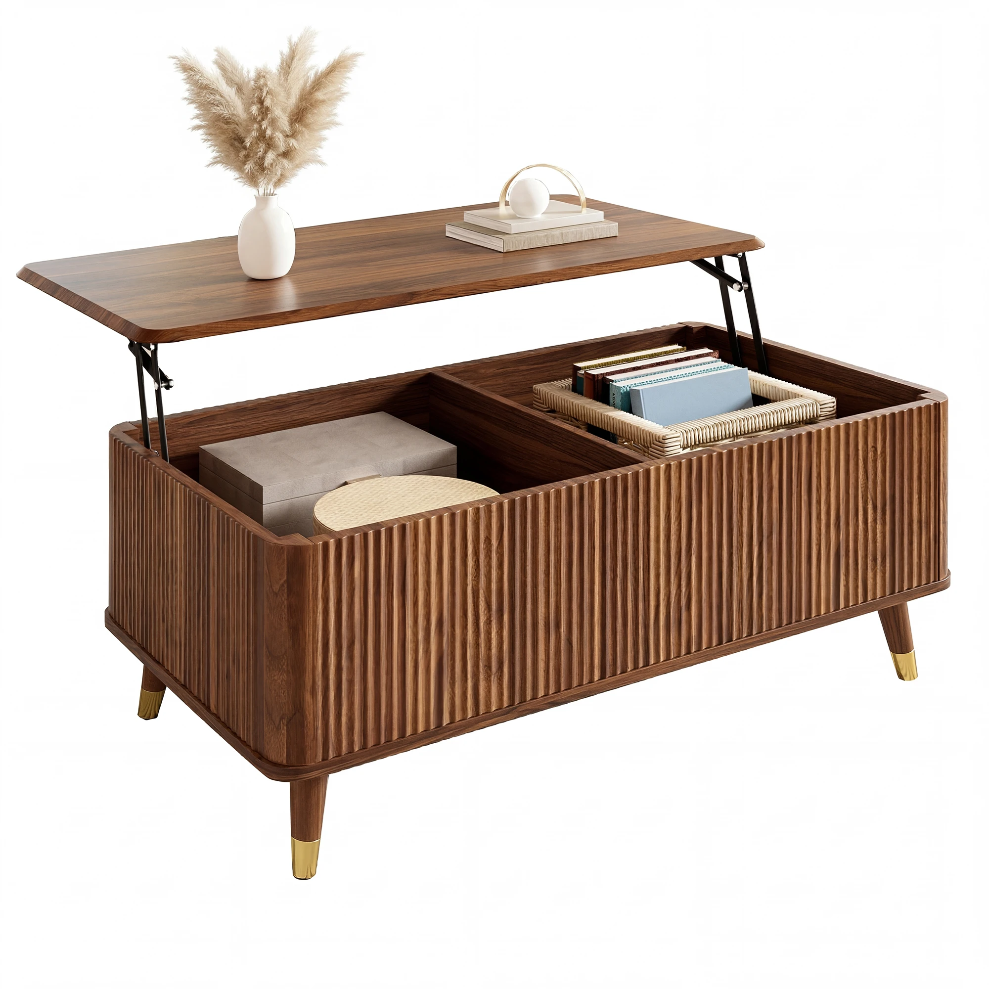 Multifunctionele lage tafel met golfvormig design, walnootlook, drinkstandaard en ruime opbergruimte