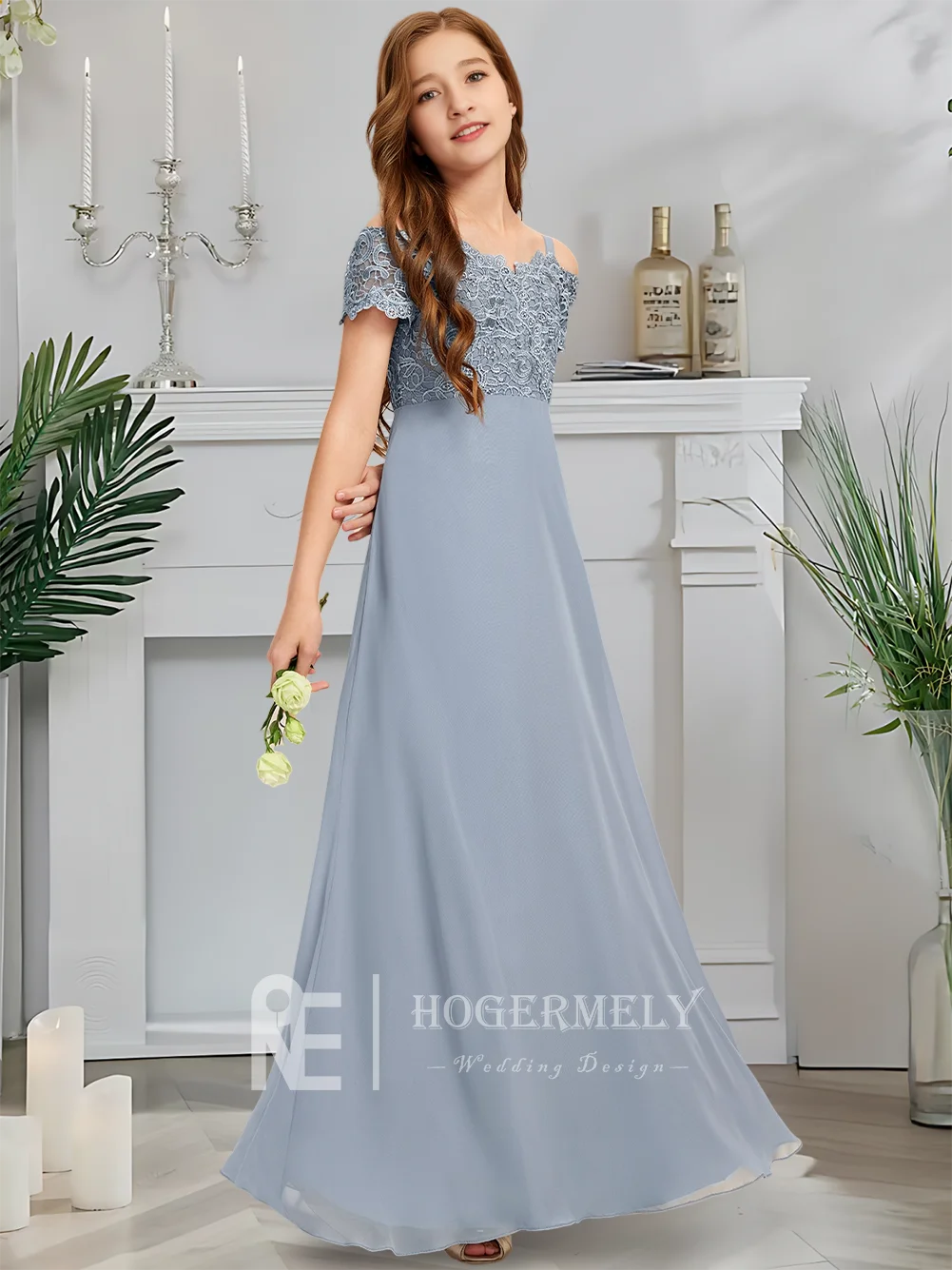 Gaun Pengiring Pengantin Junior Model Cold Shoulder untuk Anak Perempuan, Warna Biru Twilight, Gaun Pengiring Pengantin Panjang Menyentuh Lantai, Bahan Chiffon dengan Renda dan Ruffle Bertingkat
