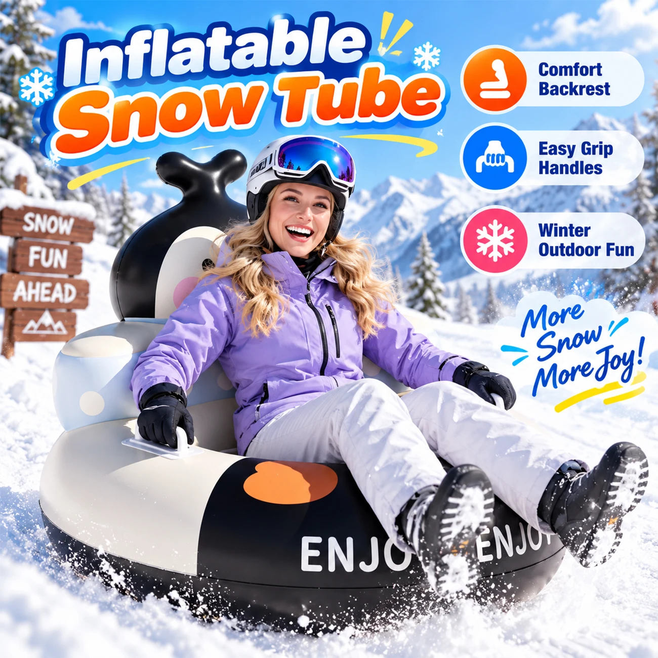 1PC Inflatable Snow Tube Sled with Backrest Double Handles Thick PVC Snow Sliding Tube Winter Outdoor Sledding Toy for Adults