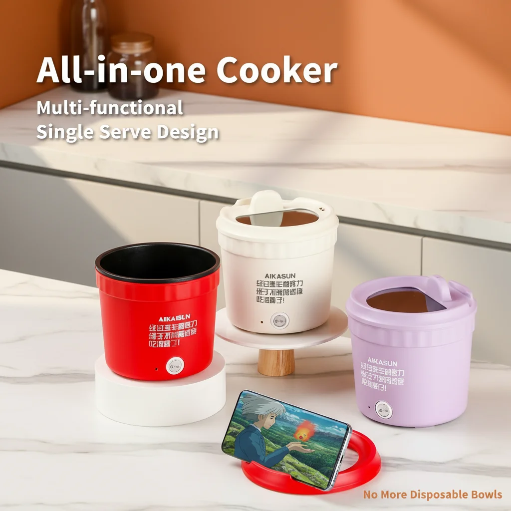 Mini olla de cocina eléctrica de 450W, olla arrocera multifuncional, olla caliente, fideos instantáneos, gachas, tortilla, olla de comida rápida, sartén