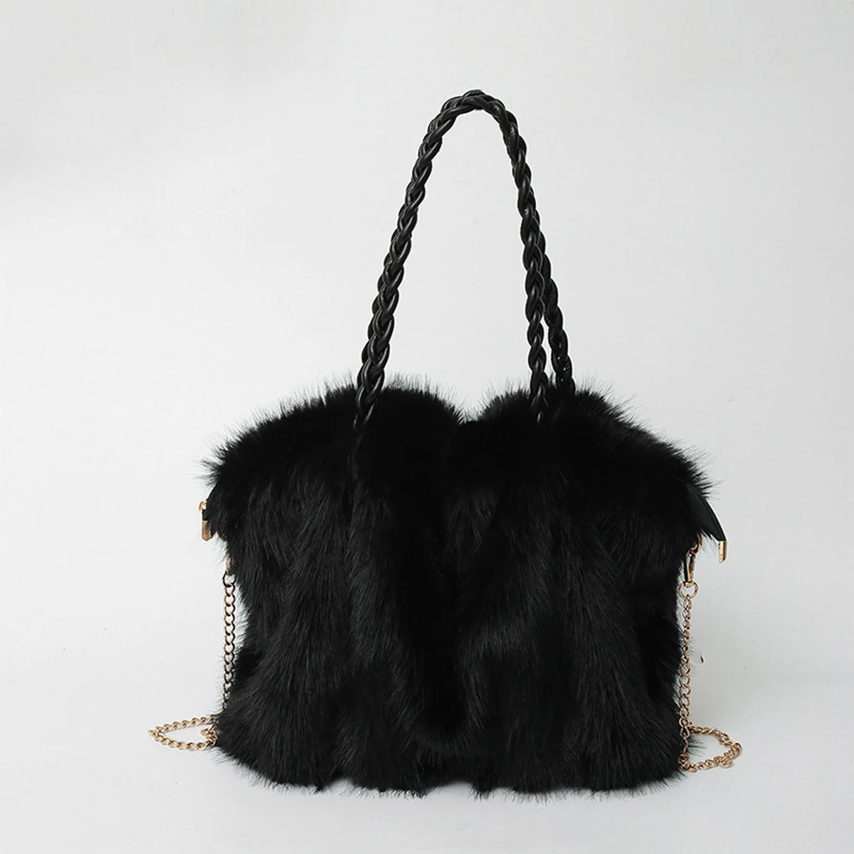 Modische Plüsch-Einkaufstasche für Damen mit großer Kapazität, hochwertige plissierte Fuchspelz-Schulter-Crossbody-Tasche, Pendlertasche mit Metallkette – Detail 3