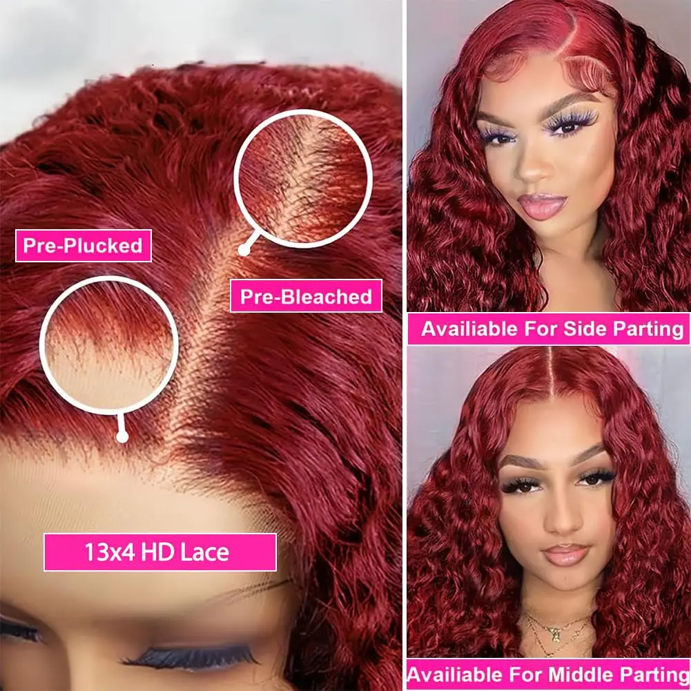 Pelucas delanteras de encaje de onda profunda, peluca Frontal de encaje de cabello humano Borgoña 99J HD, encaje transparente 13x6, cabello brasileño de color rojo para mujeres