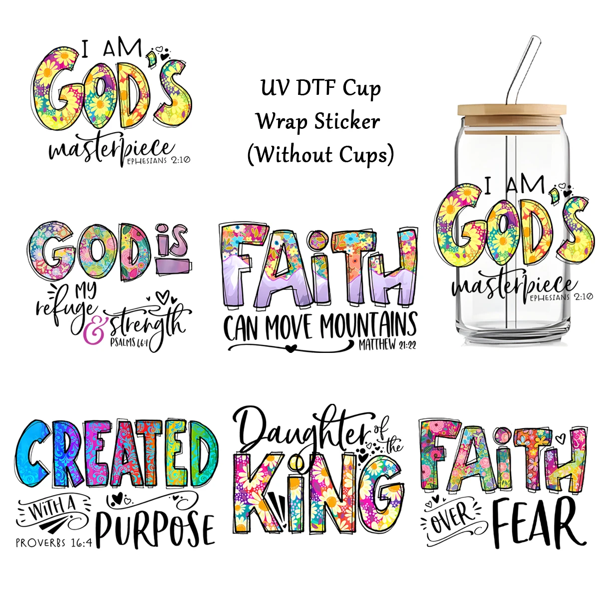 6Sheets/Pack UV Transfer Sticker, Christian Bible Verse Sticker, Glass Cup Waterproof Decal Self-Adhesive Stickers,Craft Sticker