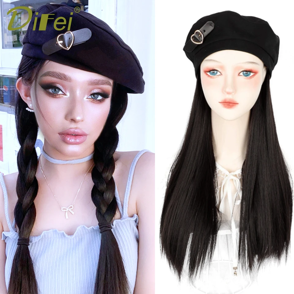 Berets Hat With Hair Wigs Synthetic Long Straight Fake Hair Hat Wig Autumn Winter Warm Cap Wig Black Cap With 50cm Long Hair Wig