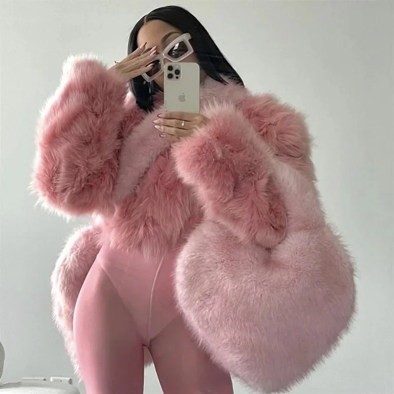 Y2k Hot Girls Fluffy Shoulder Bags Love Heart Female Pink Plush Handbags Large Capacity Women's Faux Fur Crossbody Bag Tote — zdjęcie 2