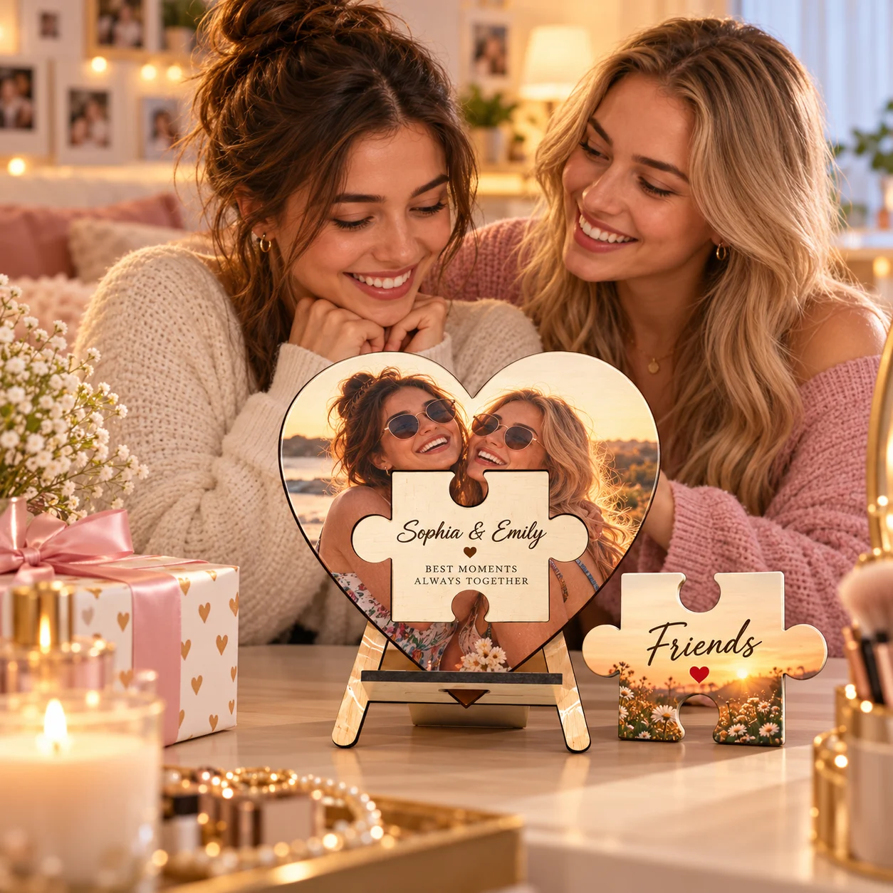 Customizable signs and cards, wooden heart-shaped proposal puzzle ornaments—a perfect romantic gift for couples