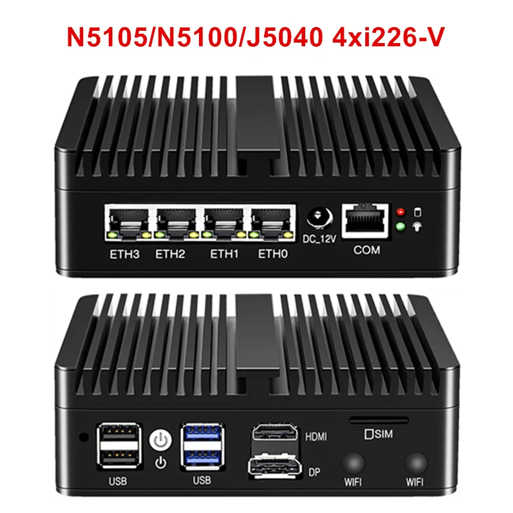 Fanless n100 n5105 j5040 j4125 industrial mini pc micro firewall aparelho 4x2.5gbe i226 lan mini computador roteador de rede doméstica