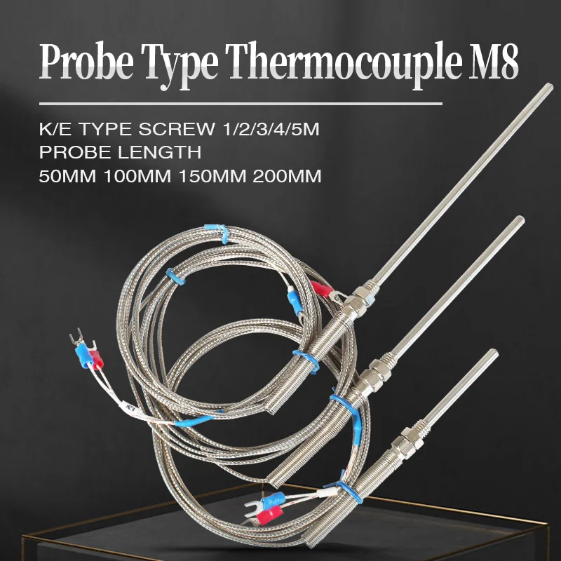 Thermocouple M8 1m 2m 3m 4m 5m Type K E 50mm 150mm 100mm 200mm Probe Screw Thread Cable Temperature Sensor 0-400℃