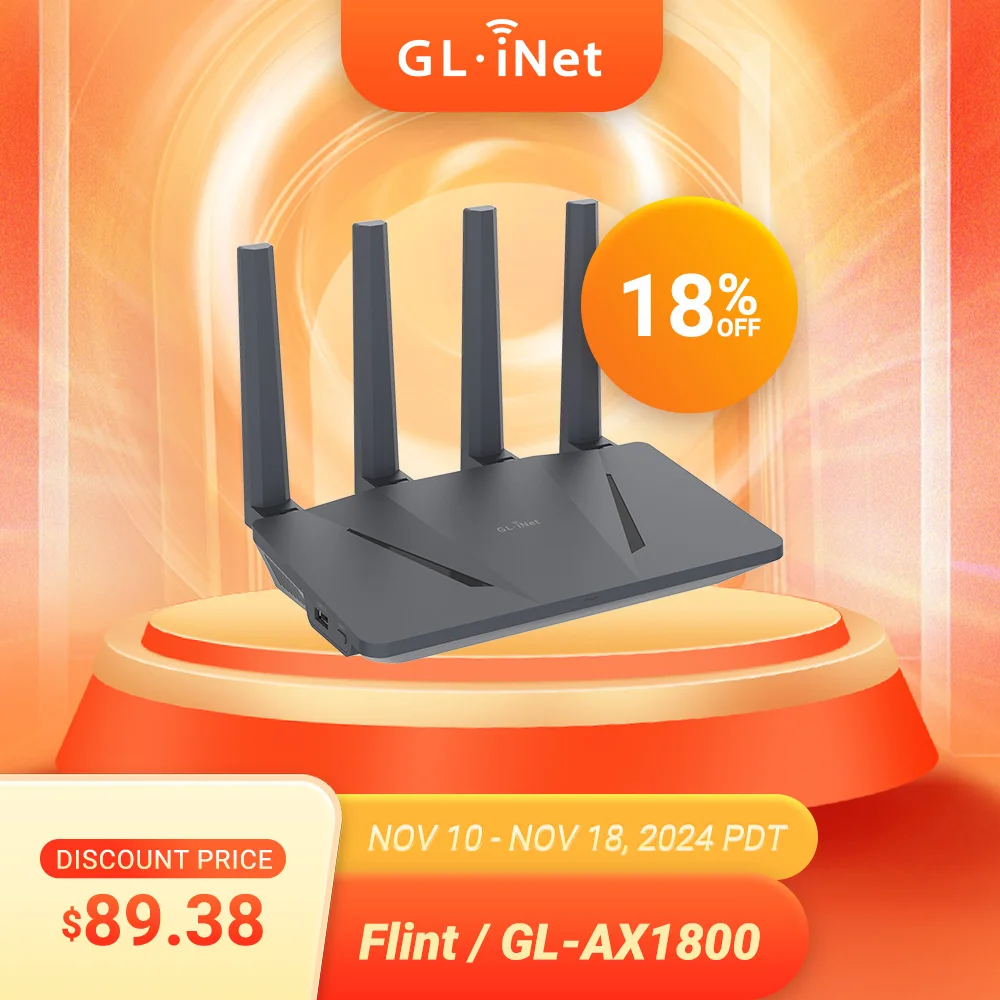 GL.iNet GL-AX1800(Flint) WiFi 6 Router -Dual Band Gigabit Wireless ,5 x 1G Ethernet Ports ,Amazing OpenVpn&WireGuard Speed