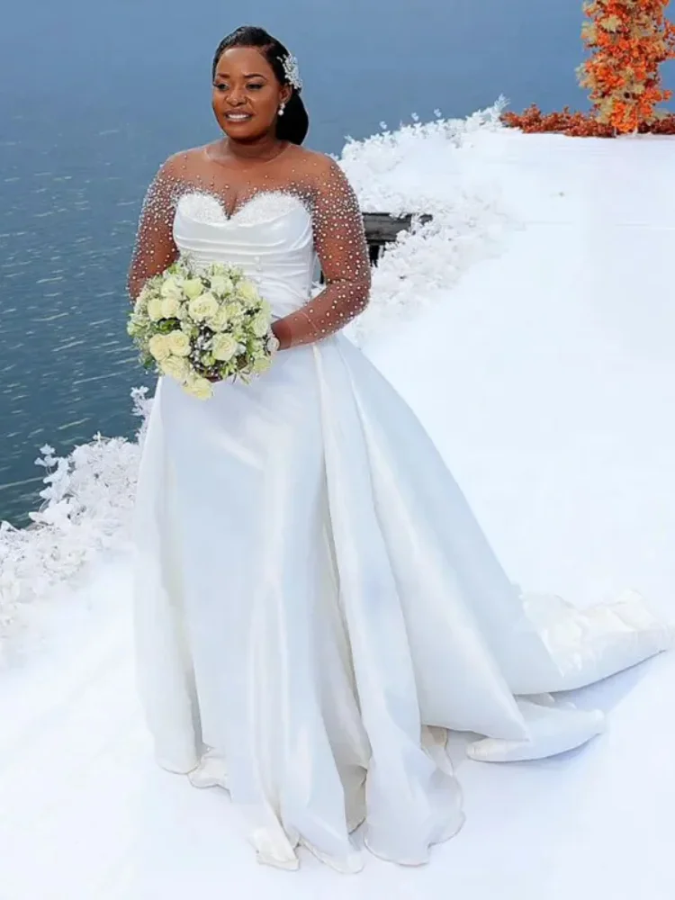 

Элегантные свадебные платья русалки из бисера с иллюзией и круглым вырезом, длинными рукавами, труба, халат de mariage со съемным шлейфом, свадебное платье