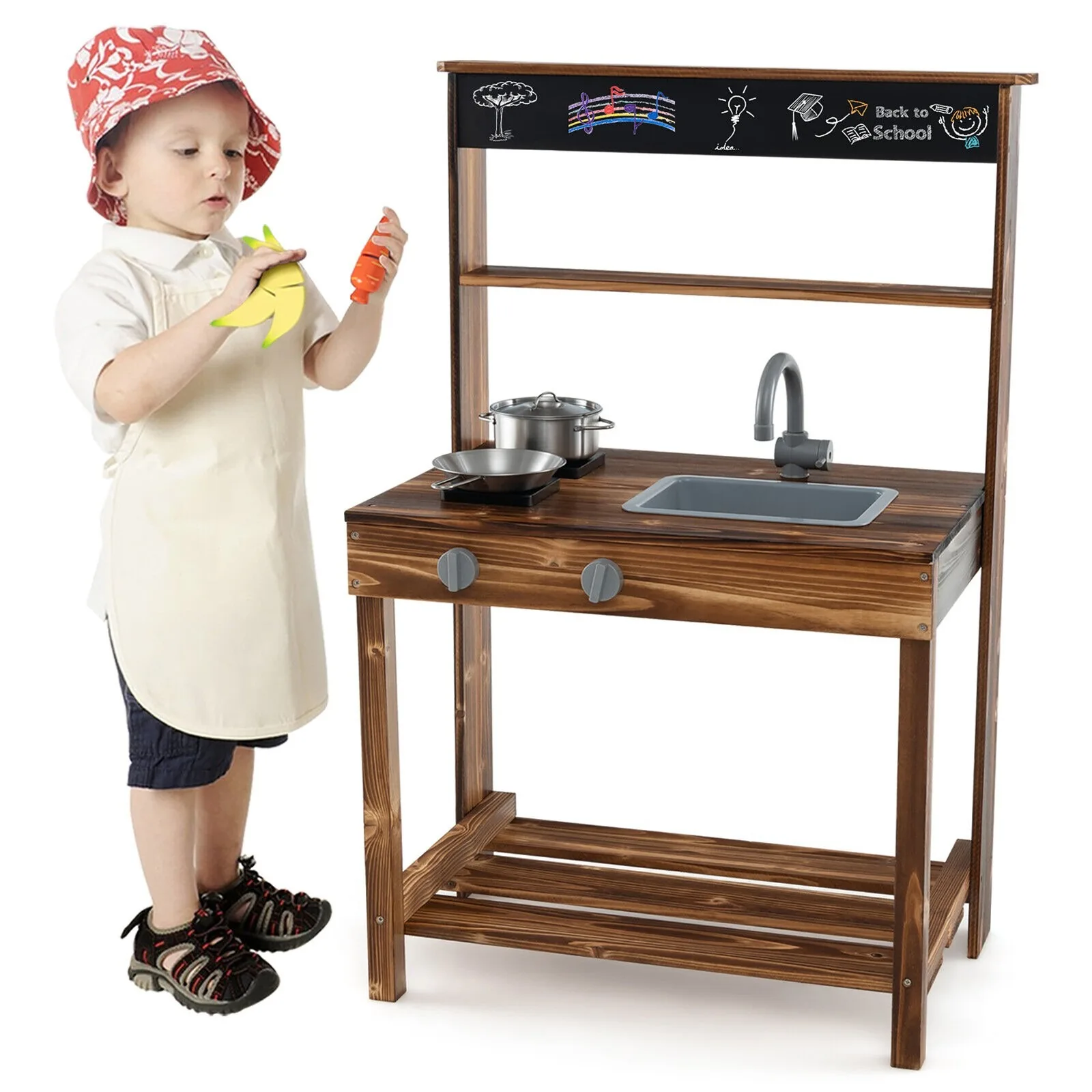 

Kids Mud Kitchen Play Kitchen w/ Blackboard Stoves Removable Sink Natural
