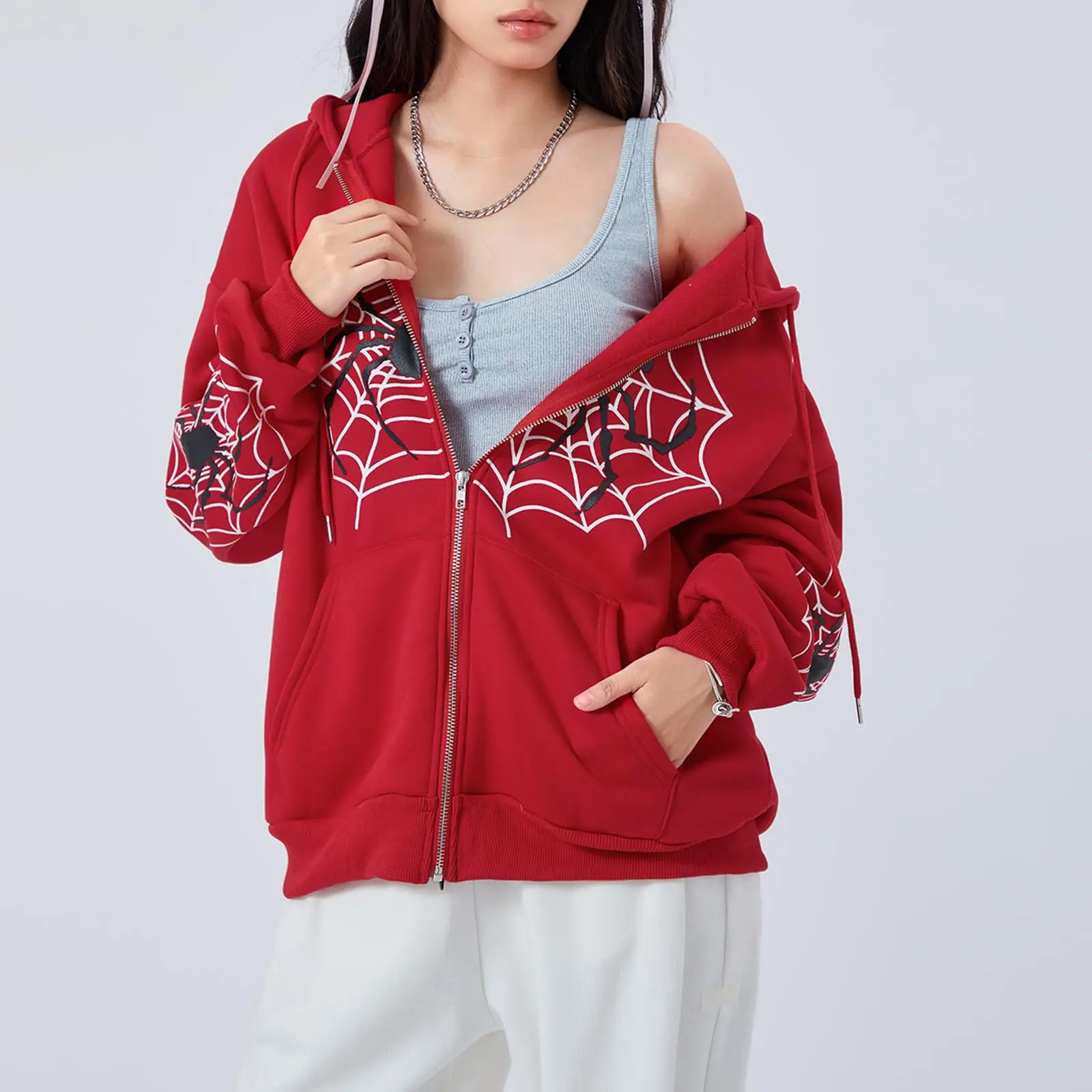 2 Colors Y2K Spider Web Zip Up Hoodie, Men Women Oversized Black & Red Full-Zip Sweatshirt, Harajuku Gothic Streetwear Hooded Jacket, Hip Hop Casual Outerwear