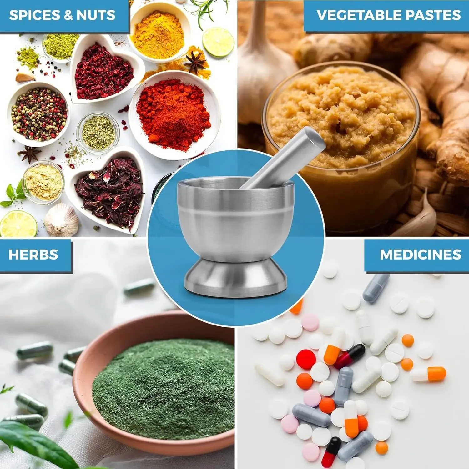 Stainless Steel Mortar Pestle Set Garlic Spice Tool Herb Medicine Grind Bowl