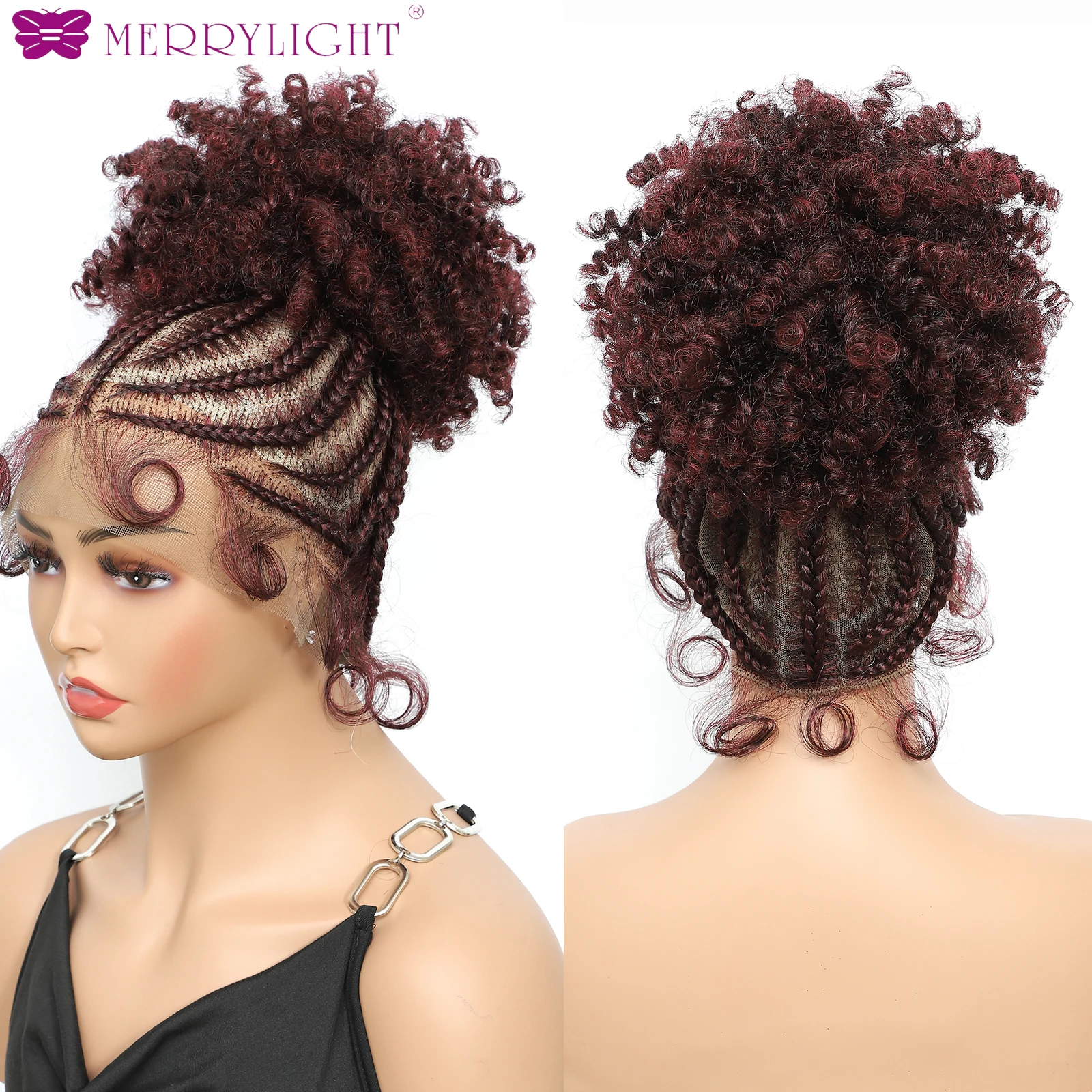 Cornrow Braided Wigs Synthetic Full Lace Braids Wig with Baby Hair Short Afro Curly Knotless Braided Lace Wig for Black Women