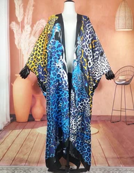 Kuwait Summer Popular Women's Full Length Bohemian Printed Twill Silk Kimonos Oversize African Lady Ramadan Duster Coats