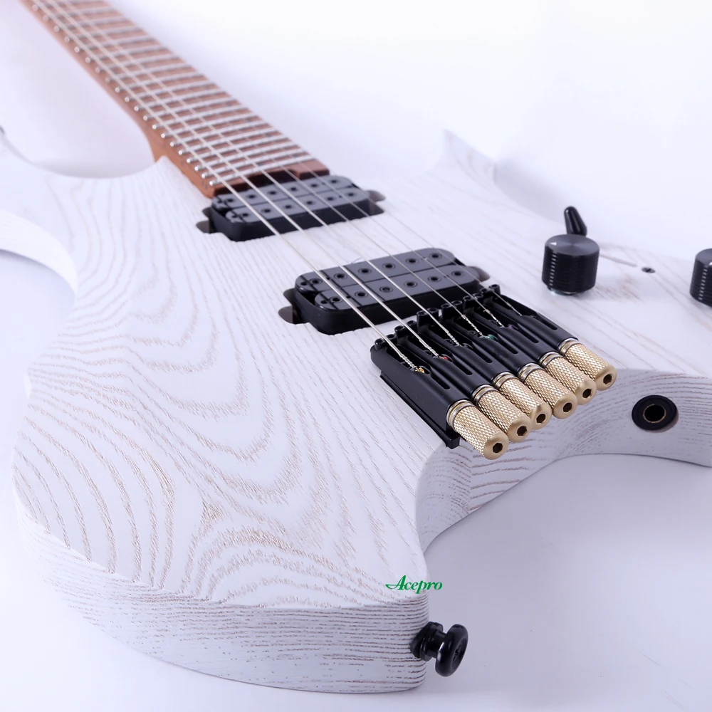 Satin White Headless Electric Guitar, Jumbo Stainless Steel Oblique Frets,Ash Body, Roasted Maple Neck,Reinforcement in the Neck