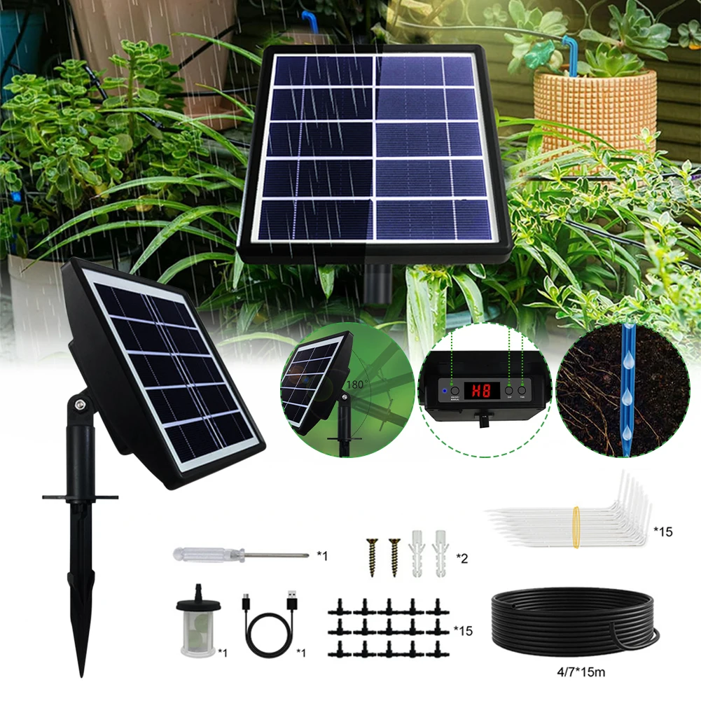 Solar Drip Irrigation Kit Anti-siphon Solar Powered 1-600s Timer Automatic Irrigation System for Indoor Garden Balcony 15 Pots