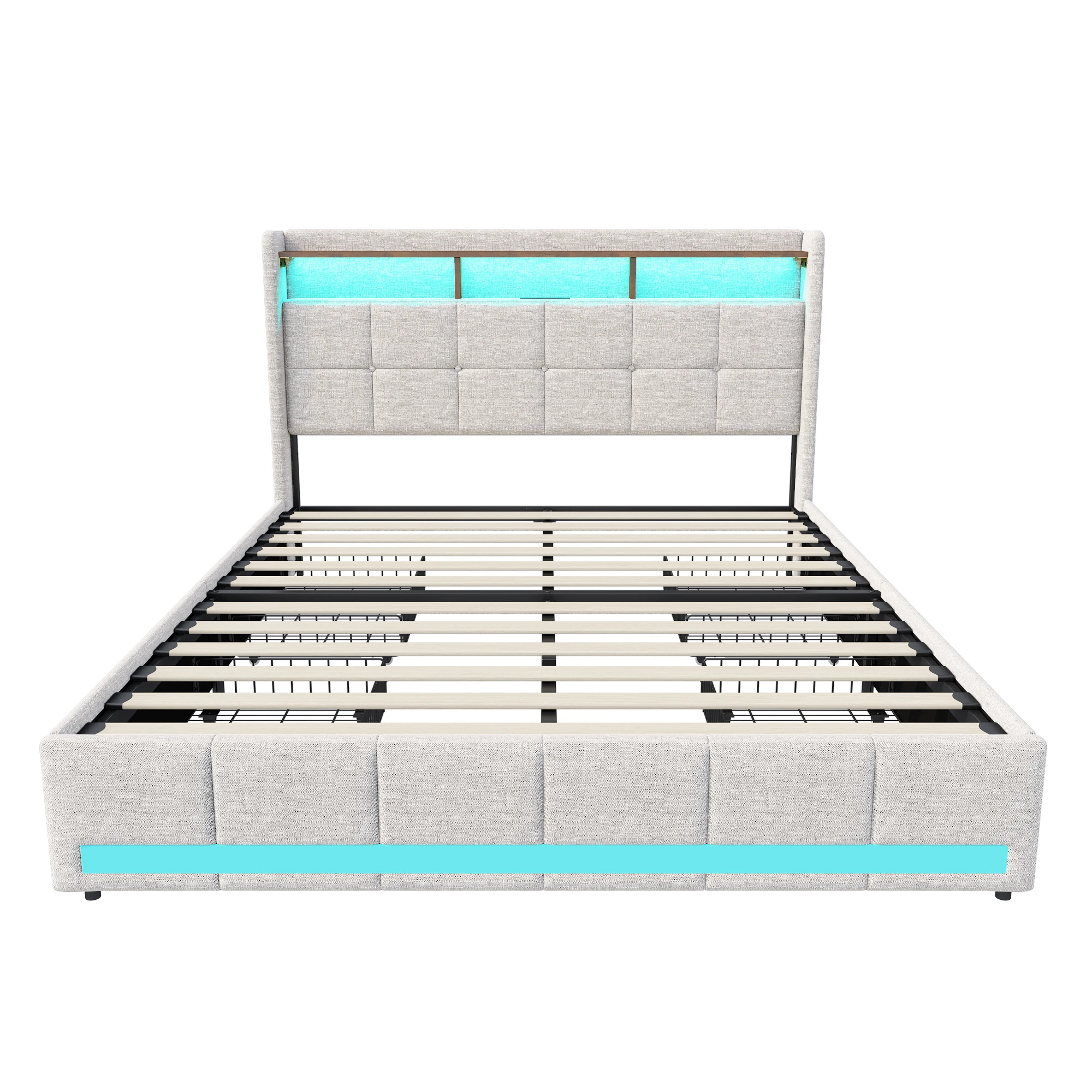 Anajqaqia 140x200cm gepolstertes Doppelbett, Erwachsenenbett mit 4 rollenden Aufbewahrungsschubladen, beigefarbener Leinenbettrahmen mit Kopfteil mit Stauraum